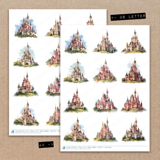 A4 and US Letter format comparison showing Grand Pink Castle fussy cut pages for print and cut crafting