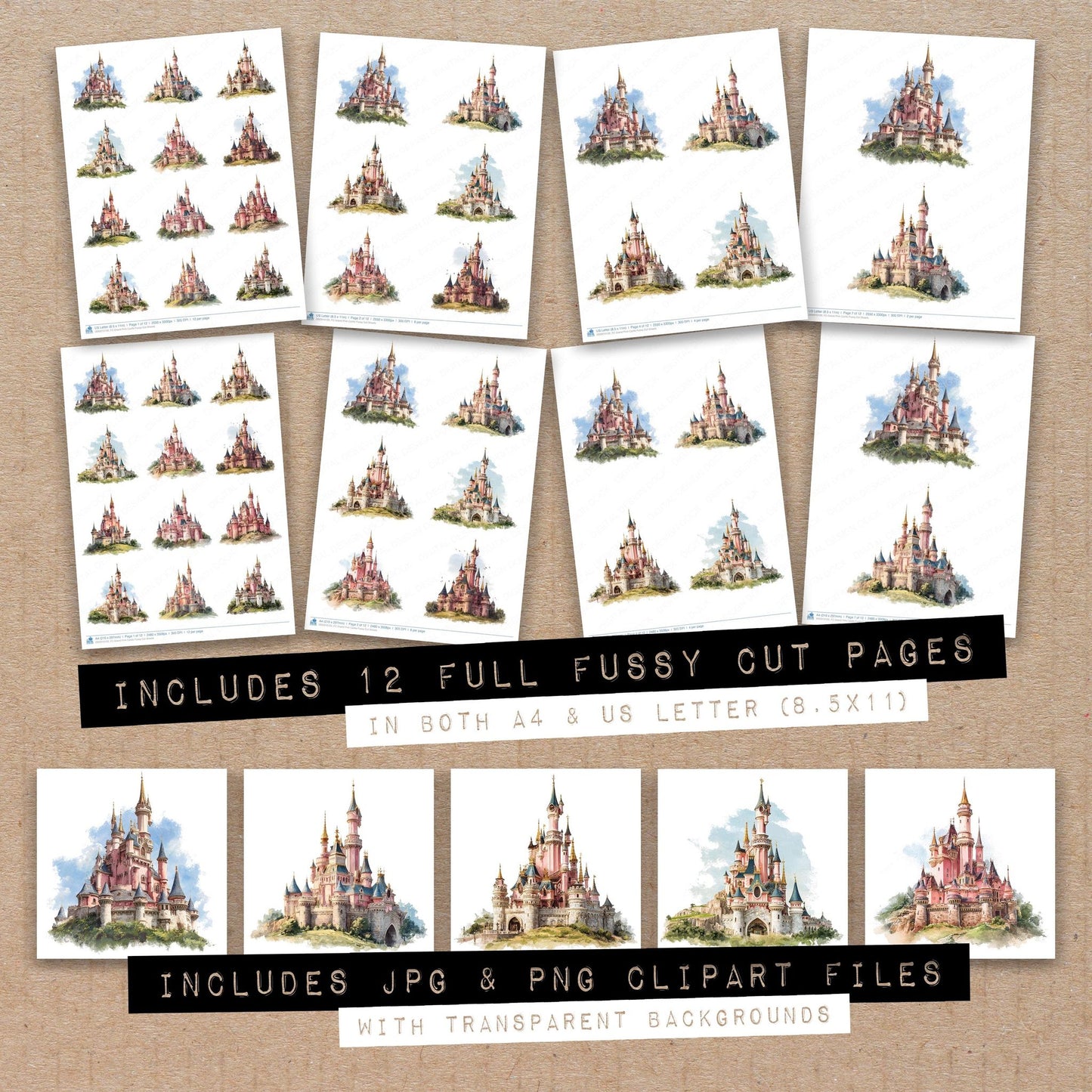 Full collection view of Grand Pink Castle fussy cut sheets with bonus clipart JPG and PNG files
