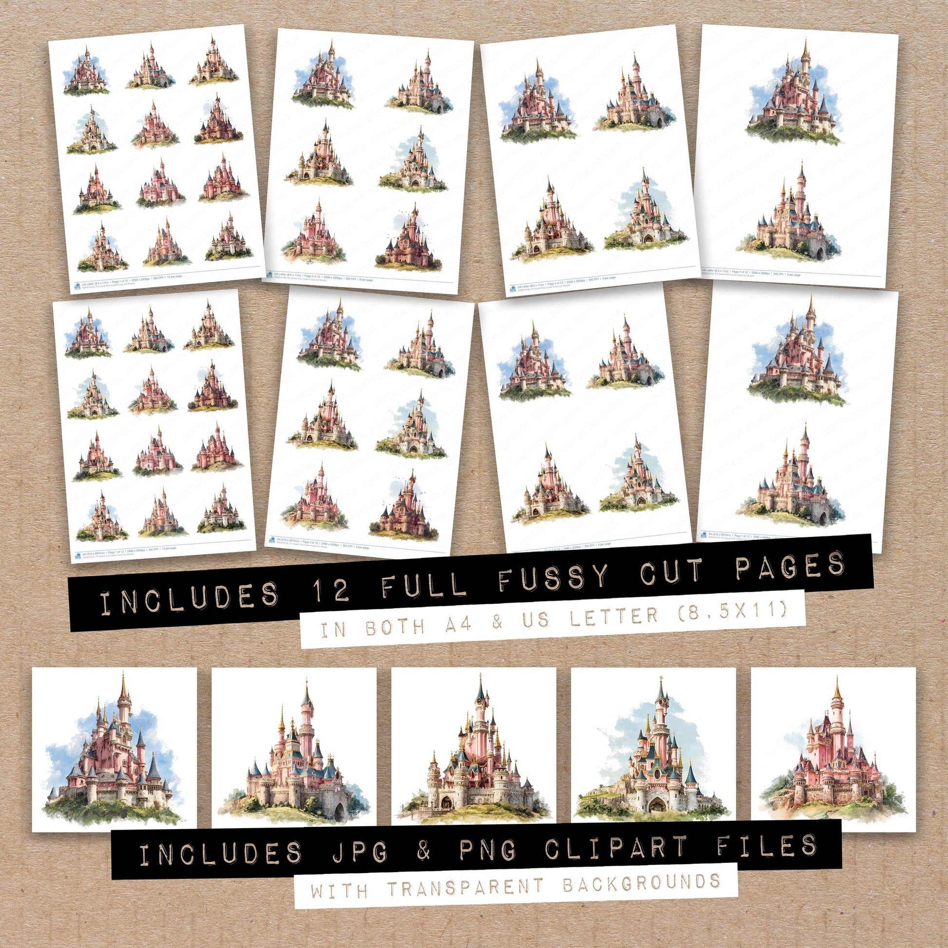 Full collection view of Grand Pink Castle fussy cut sheets with bonus clipart JPG and PNG files