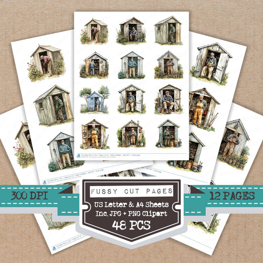 Grandad in Garden Shed fussy cut printable sheets for junk journaling, scrapbooking, and paper craft projects