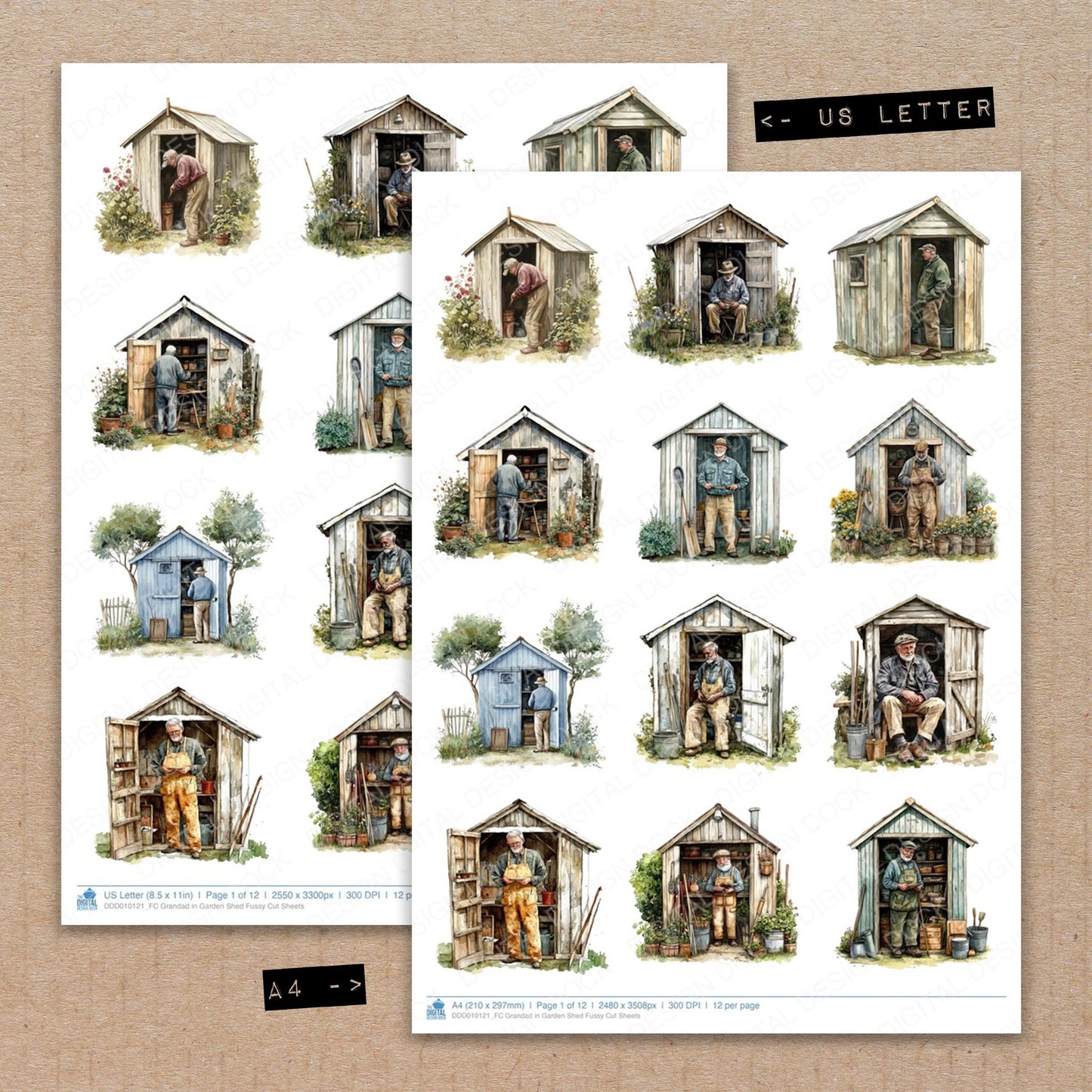 A4 and US Letter format comparison showing Grandad in Garden Shed fussy cut pages for print and cut crafting