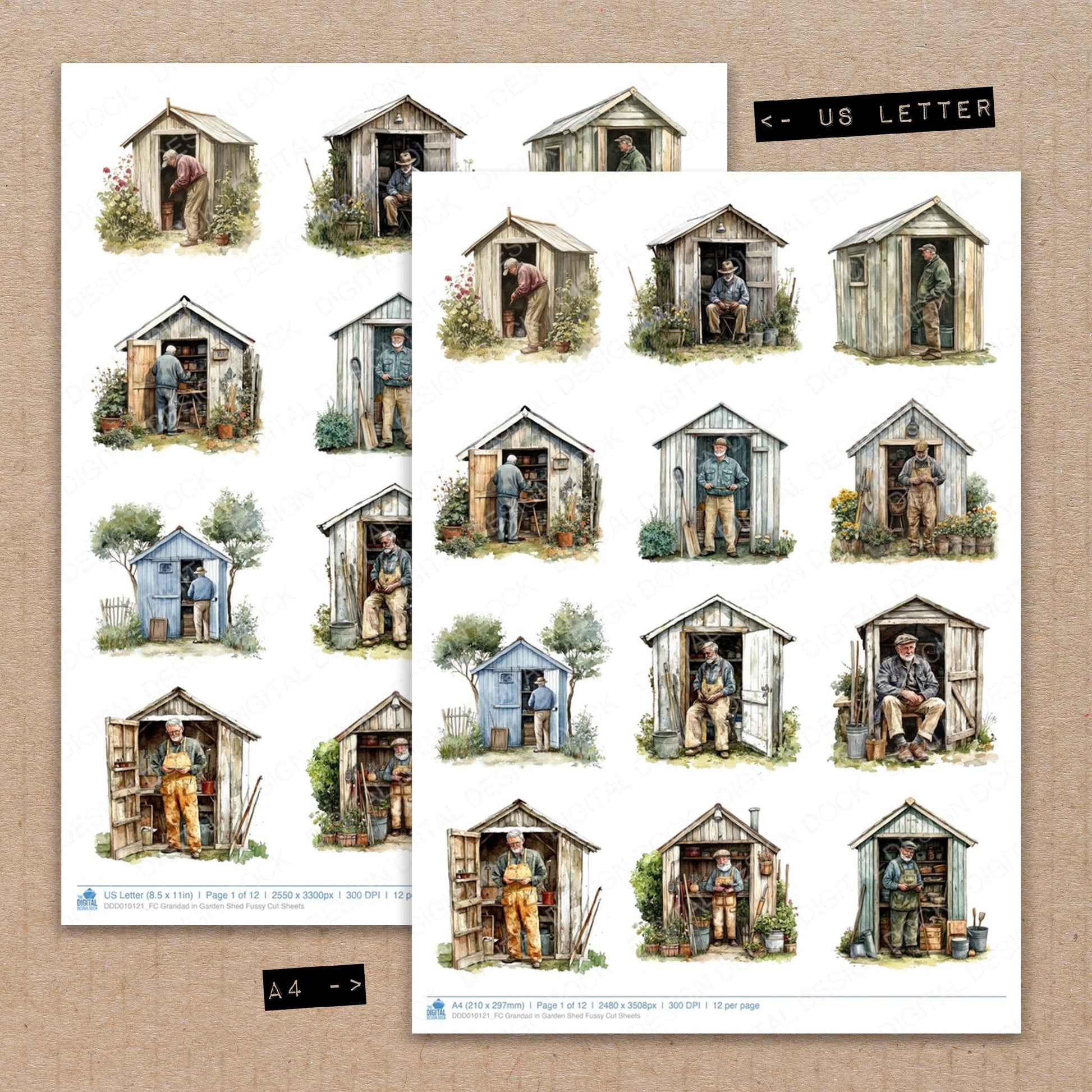 A4 and US Letter format comparison showing Grandad in Garden Shed fussy cut pages for print and cut crafting