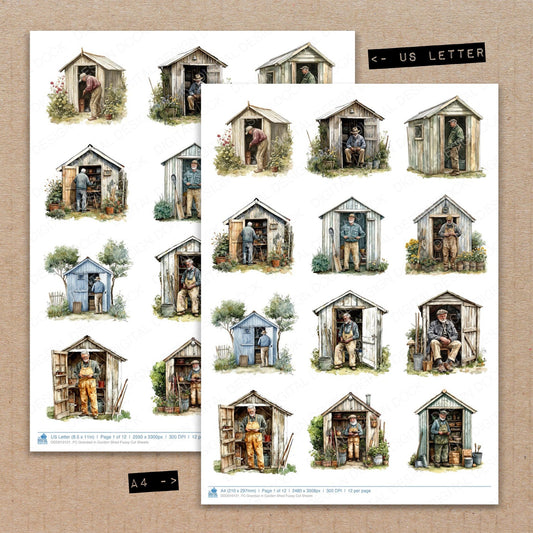 A4 and US Letter format comparison showing Grandad in Garden Shed fussy cut pages for print and cut crafting