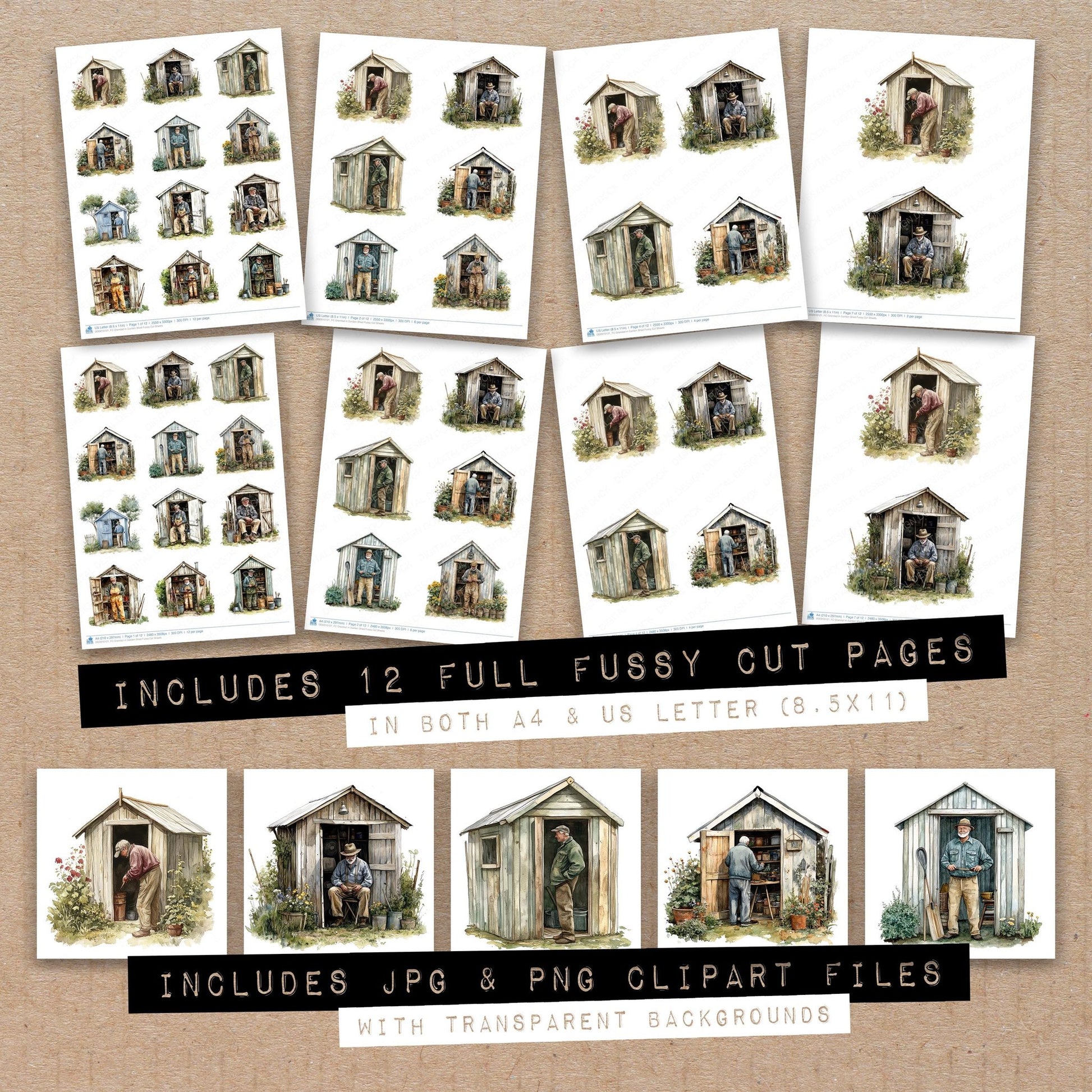 Full collection view of Grandad in Garden Shed fussy cut sheets with bonus clipart JPG and PNG files