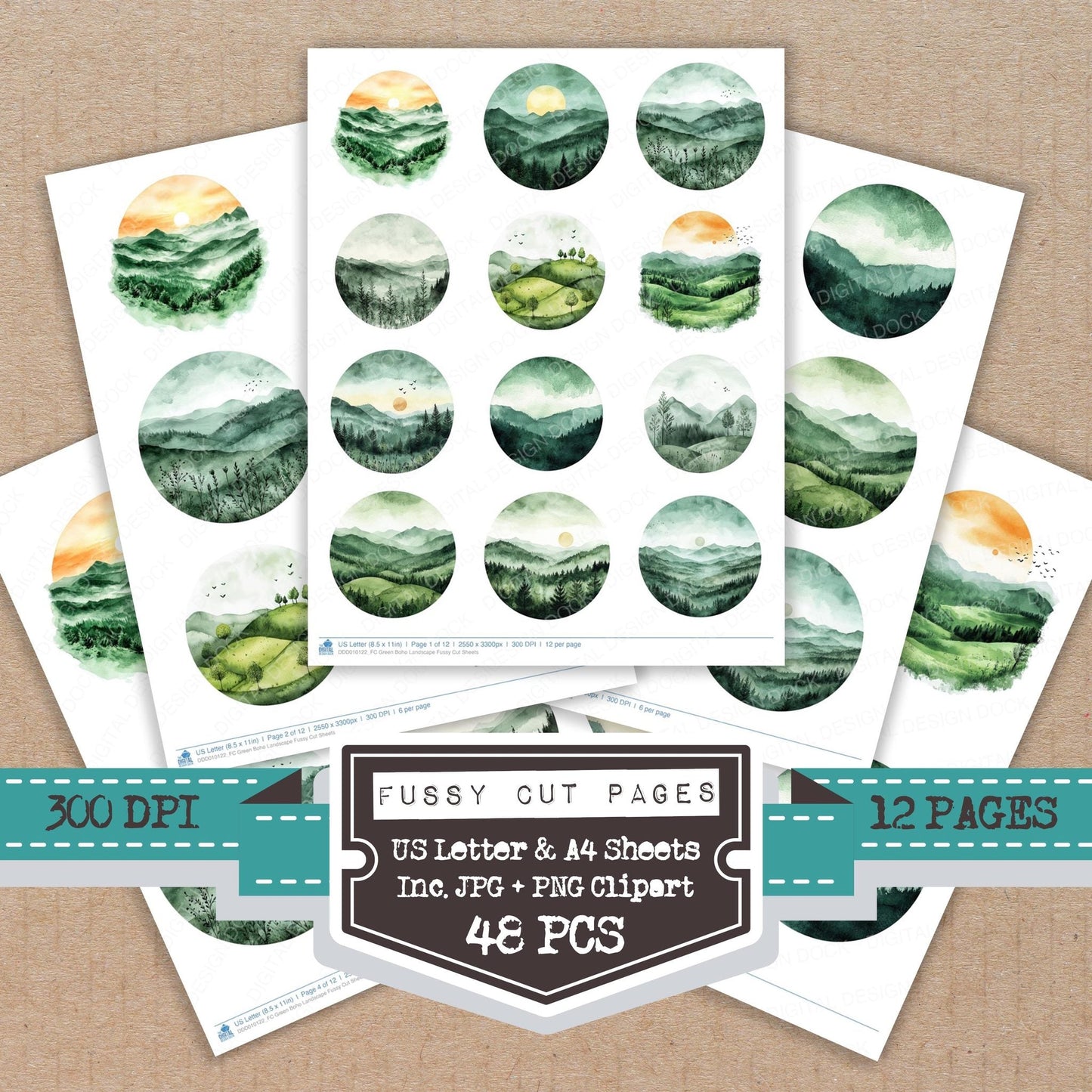 Green Boho Landscape Fussy Cut Sheets (DDD010122)