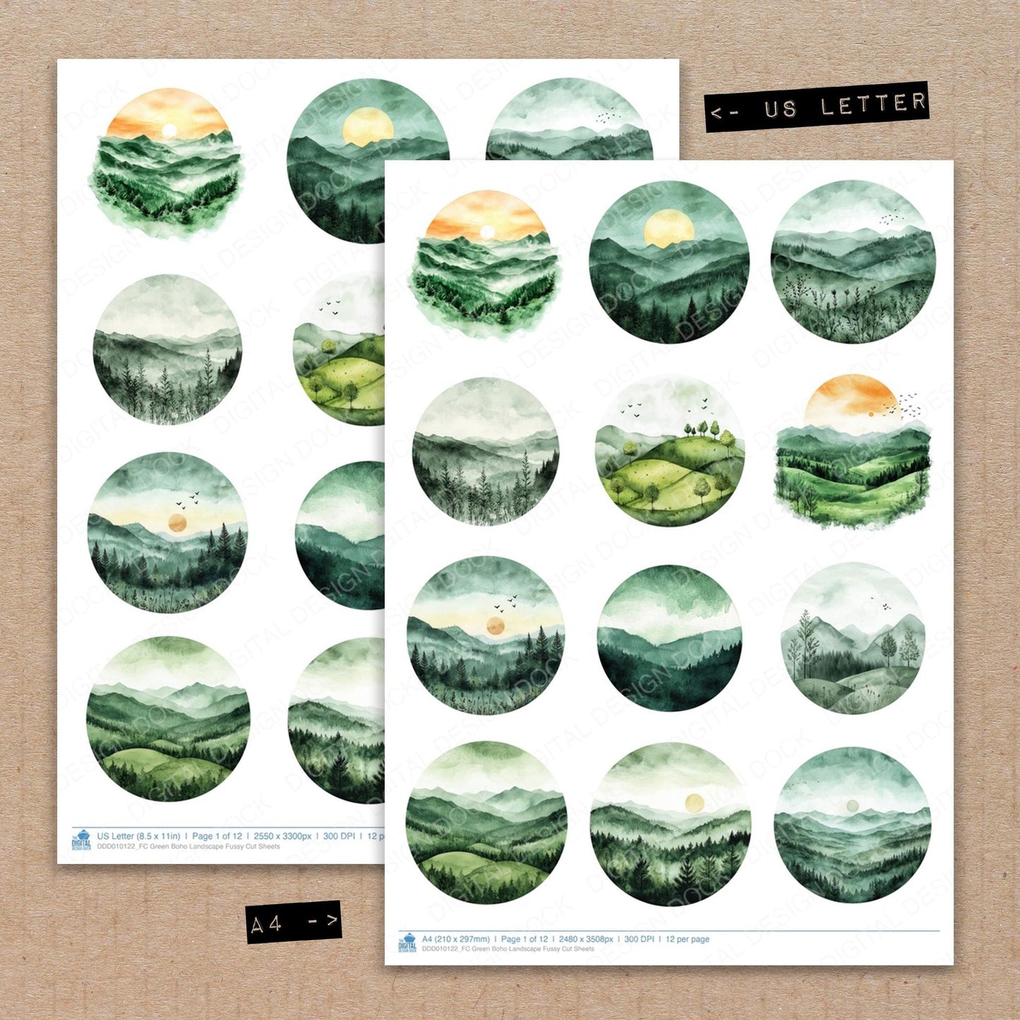 Green Boho Landscape Fussy Cut Sheets (DDD010122)