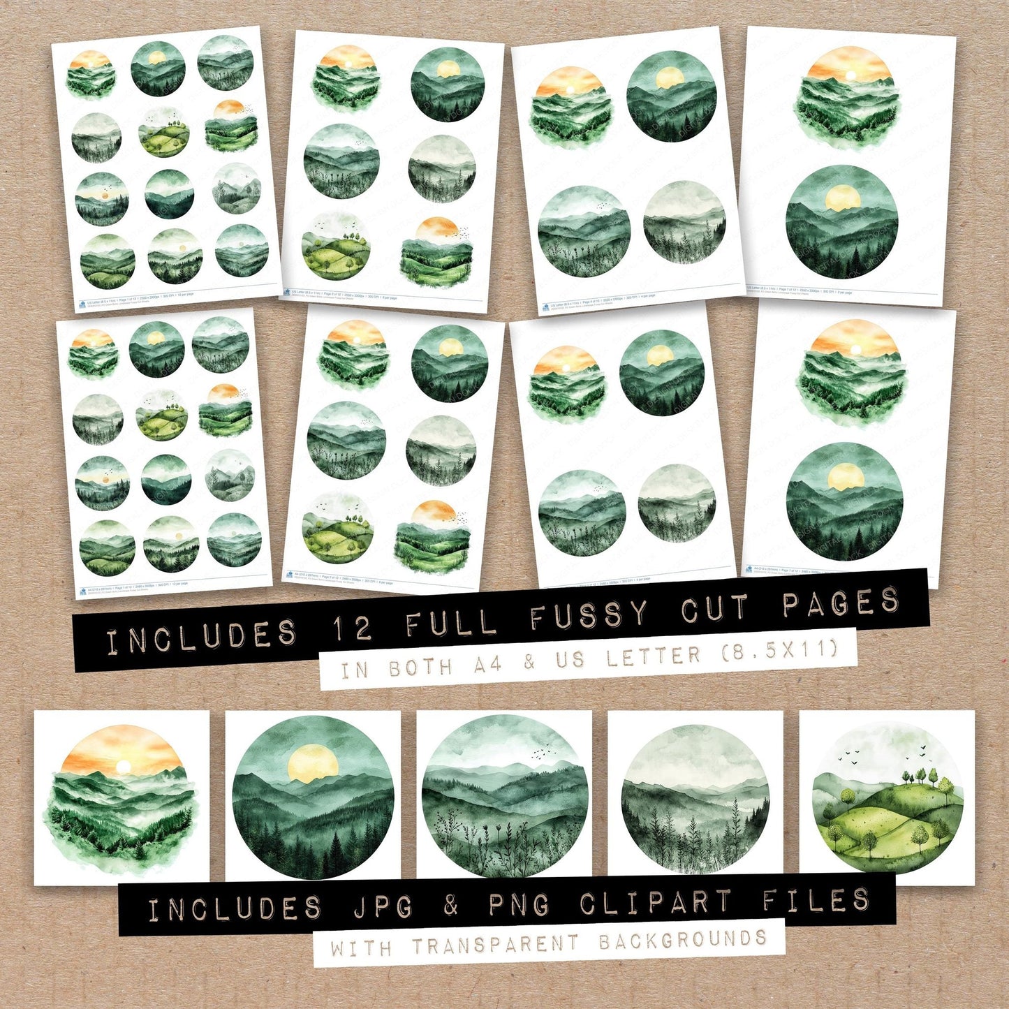 Green Boho Landscape Fussy Cut Sheets (DDD010122)