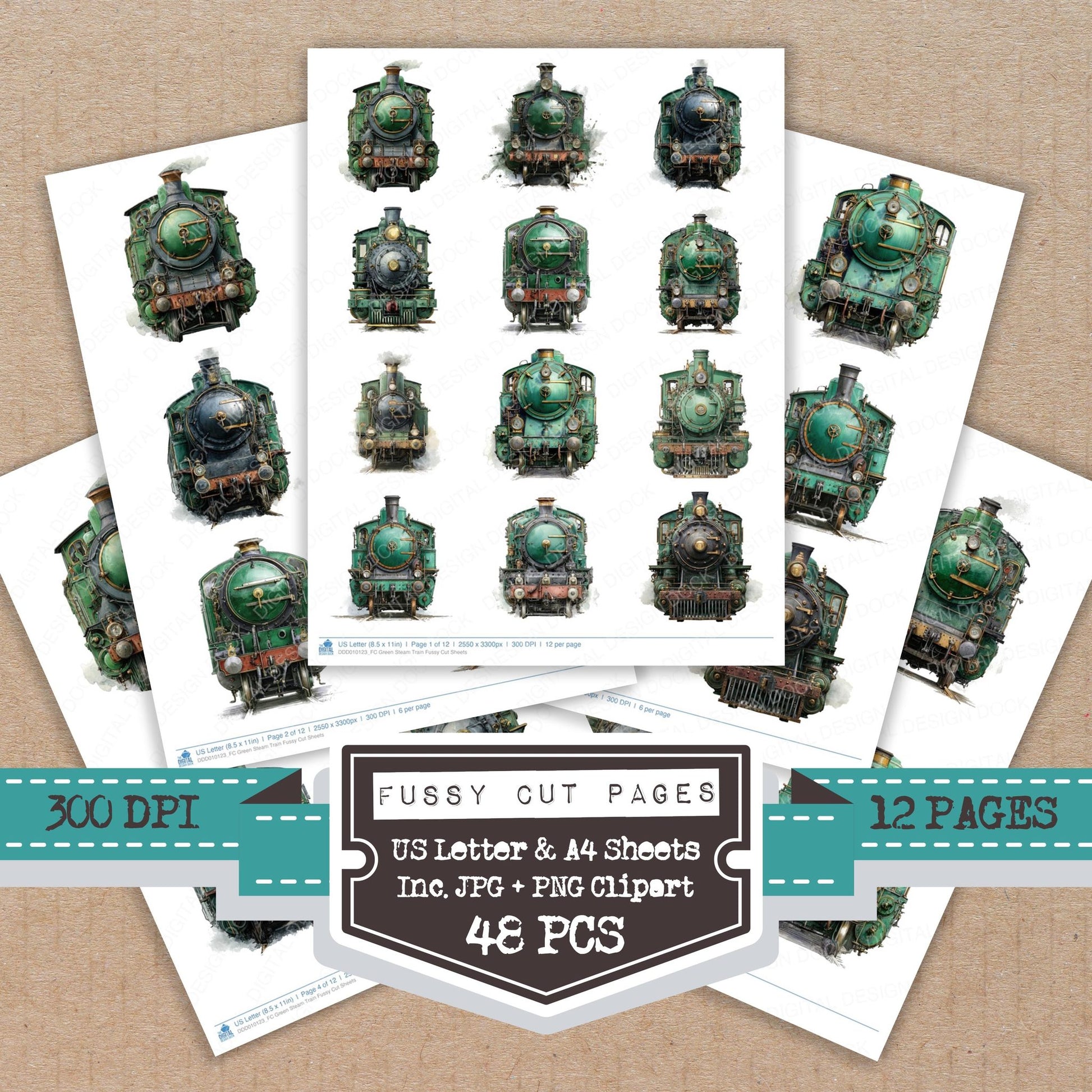 Green Steam Train fussy cut printable sheets for junk journaling, scrapbooking, and paper craft projects