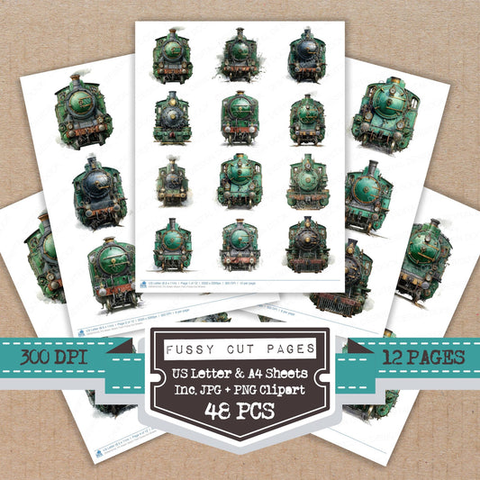 Green Steam Train fussy cut printable sheets for junk journaling, scrapbooking, and paper craft projects