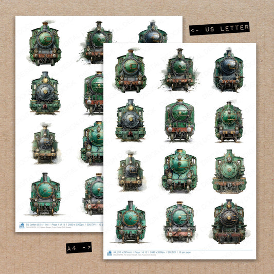A4 and US Letter format comparison showing Green Steam Train fussy cut pages for print and cut crafting
