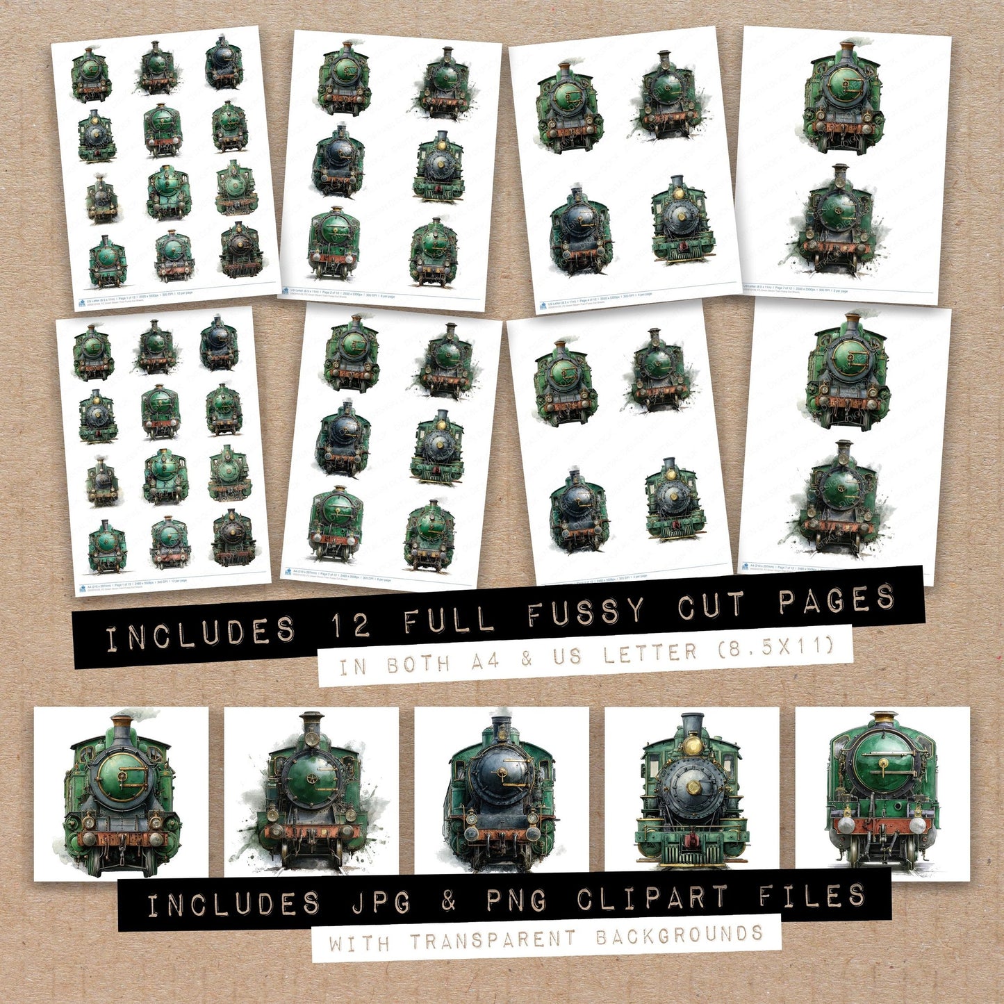 Full collection view of Green Steam Train fussy cut sheets with bonus clipart JPG and PNG files