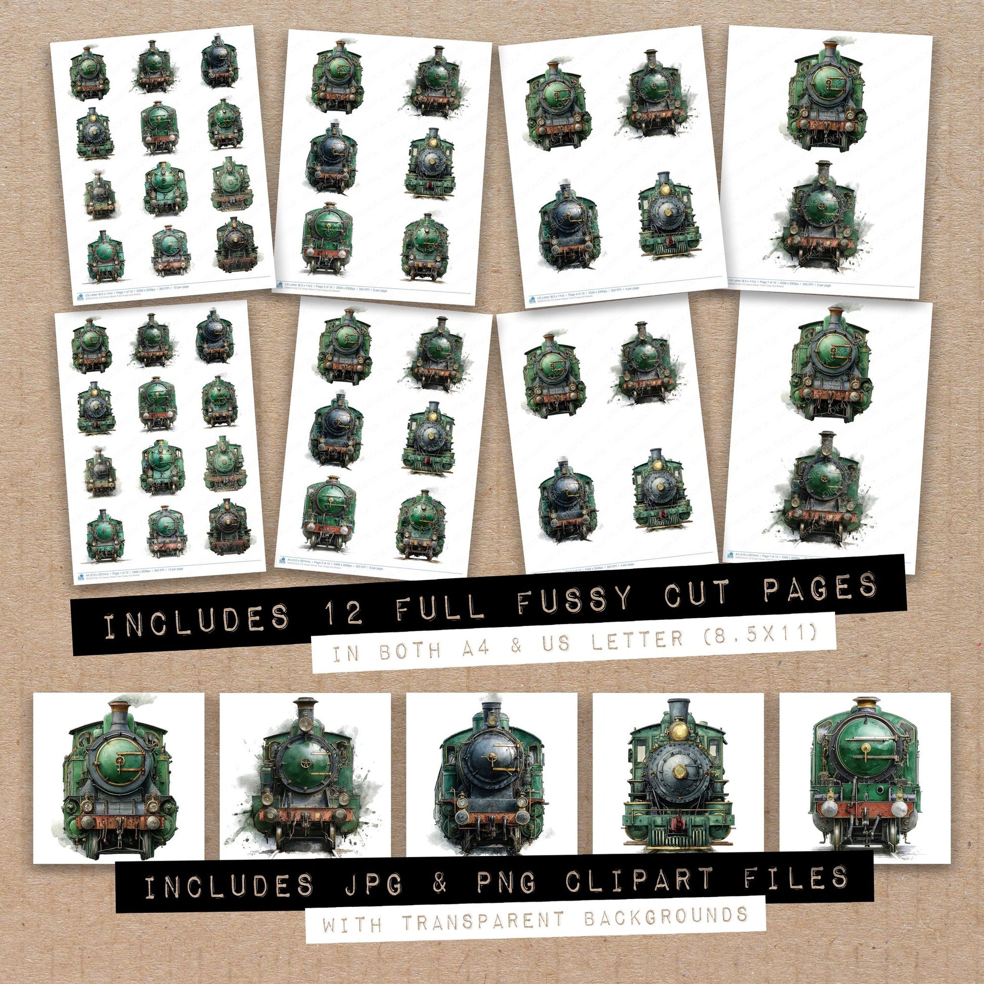 Full collection view of Green Steam Train fussy cut sheets with bonus clipart JPG and PNG files