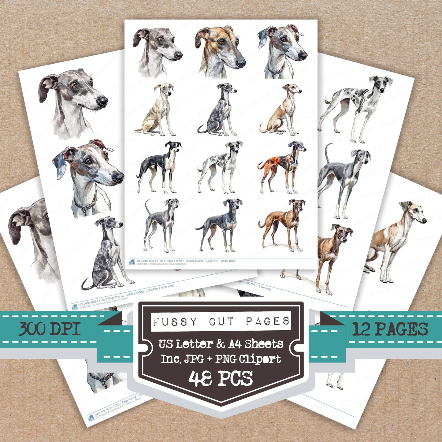 Greyhound Dog fussy cut printable sheets for junk journaling, scrapbooking, and paper craft projects