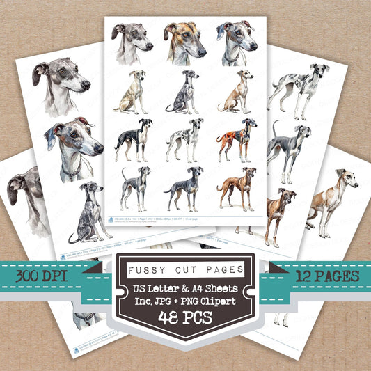 Greyhound Dog fussy cut printable sheets for junk journaling, scrapbooking, and paper craft projects