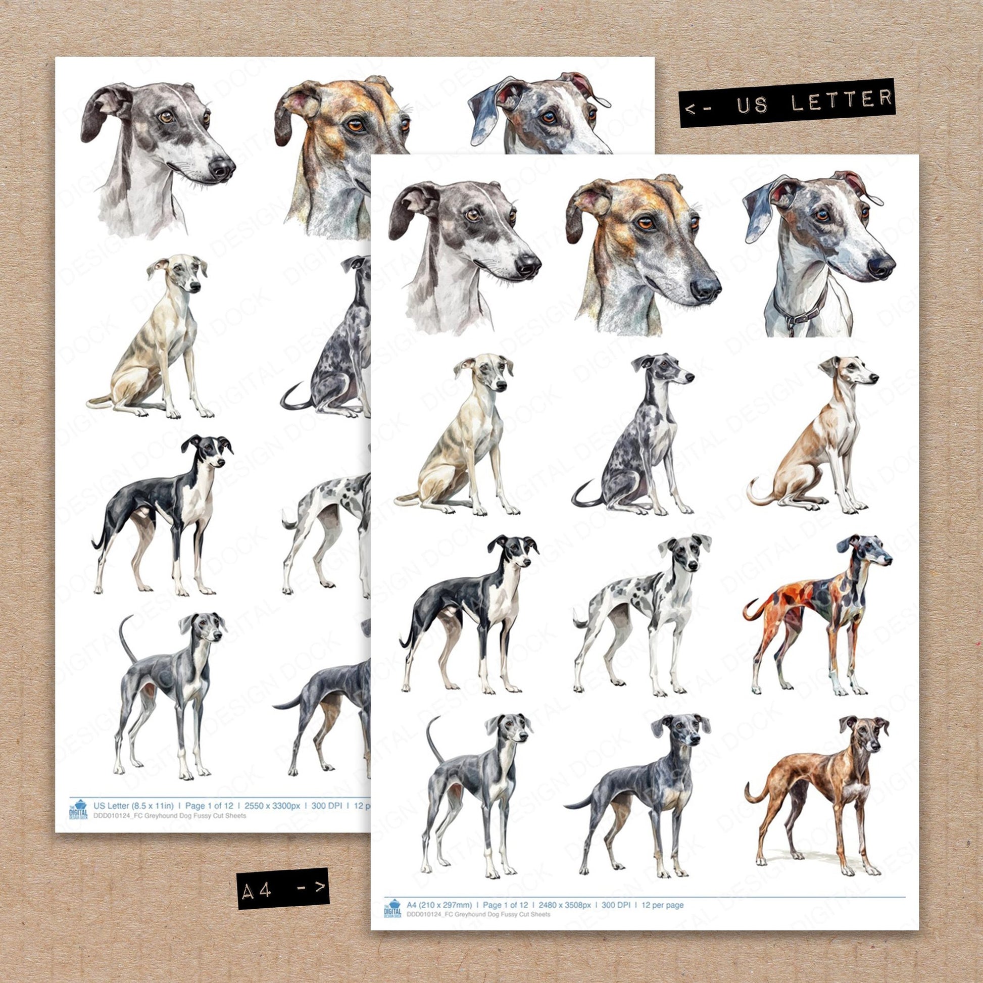 A4 and US Letter format comparison showing Greyhound Dog fussy cut pages for print and cut crafting