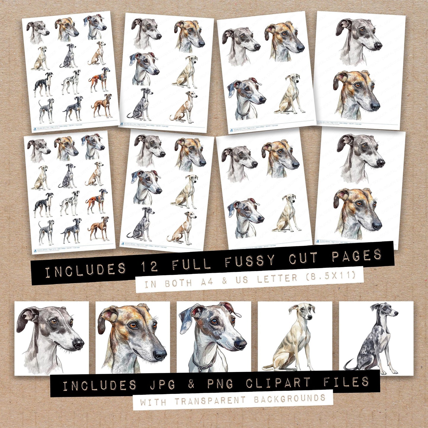 Full collection view of Greyhound Dog fussy cut sheets with bonus clipart JPG and PNG files