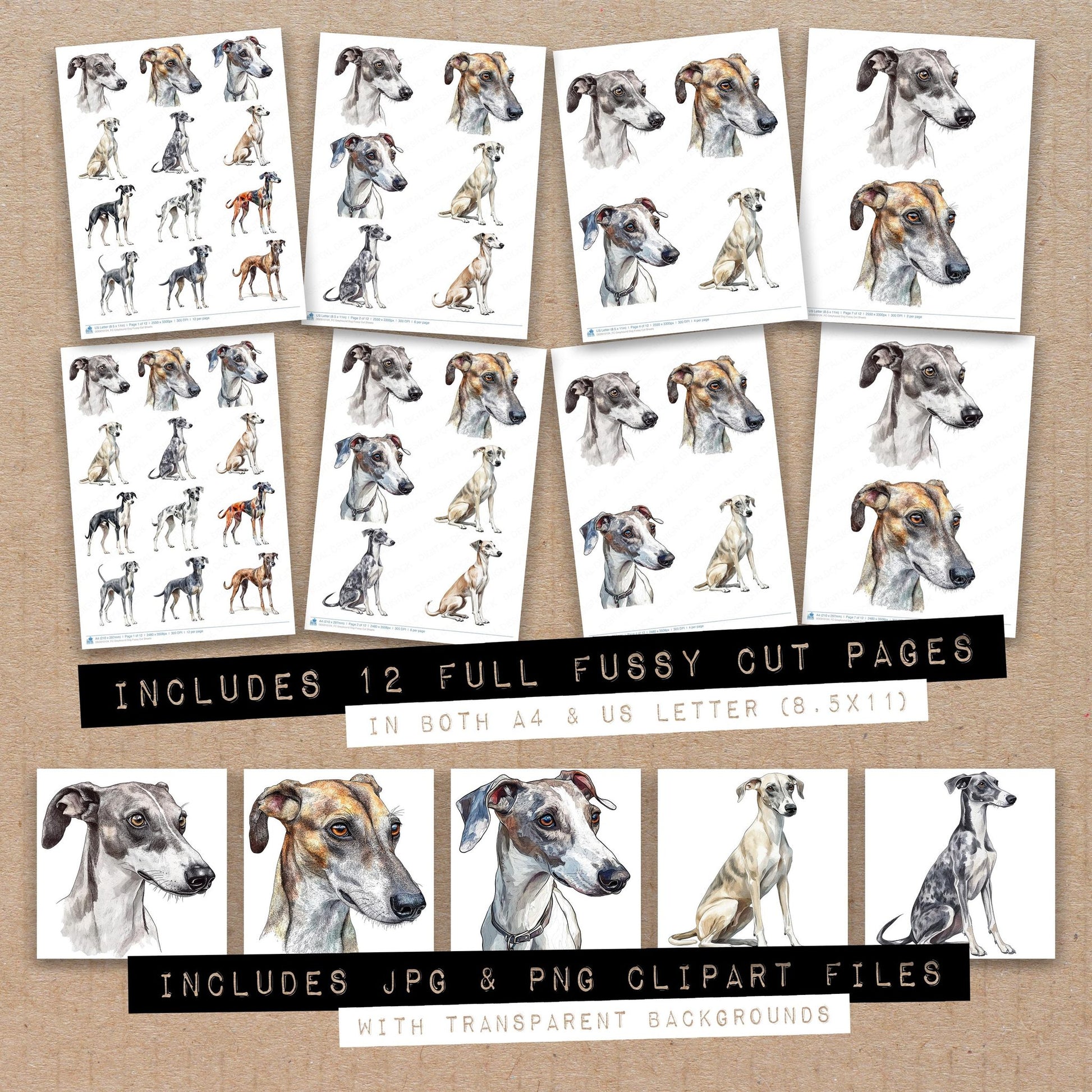Full collection view of Greyhound Dog fussy cut sheets with bonus clipart JPG and PNG files