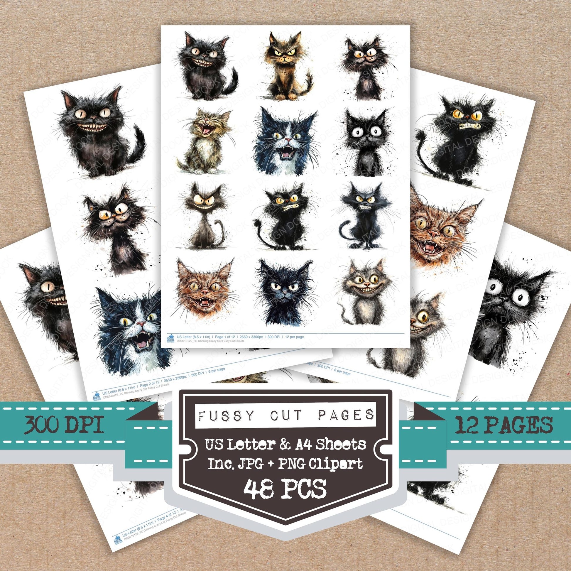 Grinning Crazy Cat fussy cut printable sheets for junk journaling, scrapbooking, and paper craft projects