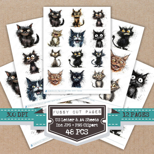 Grinning Crazy Cat fussy cut printable sheets for junk journaling, scrapbooking, and paper craft projects