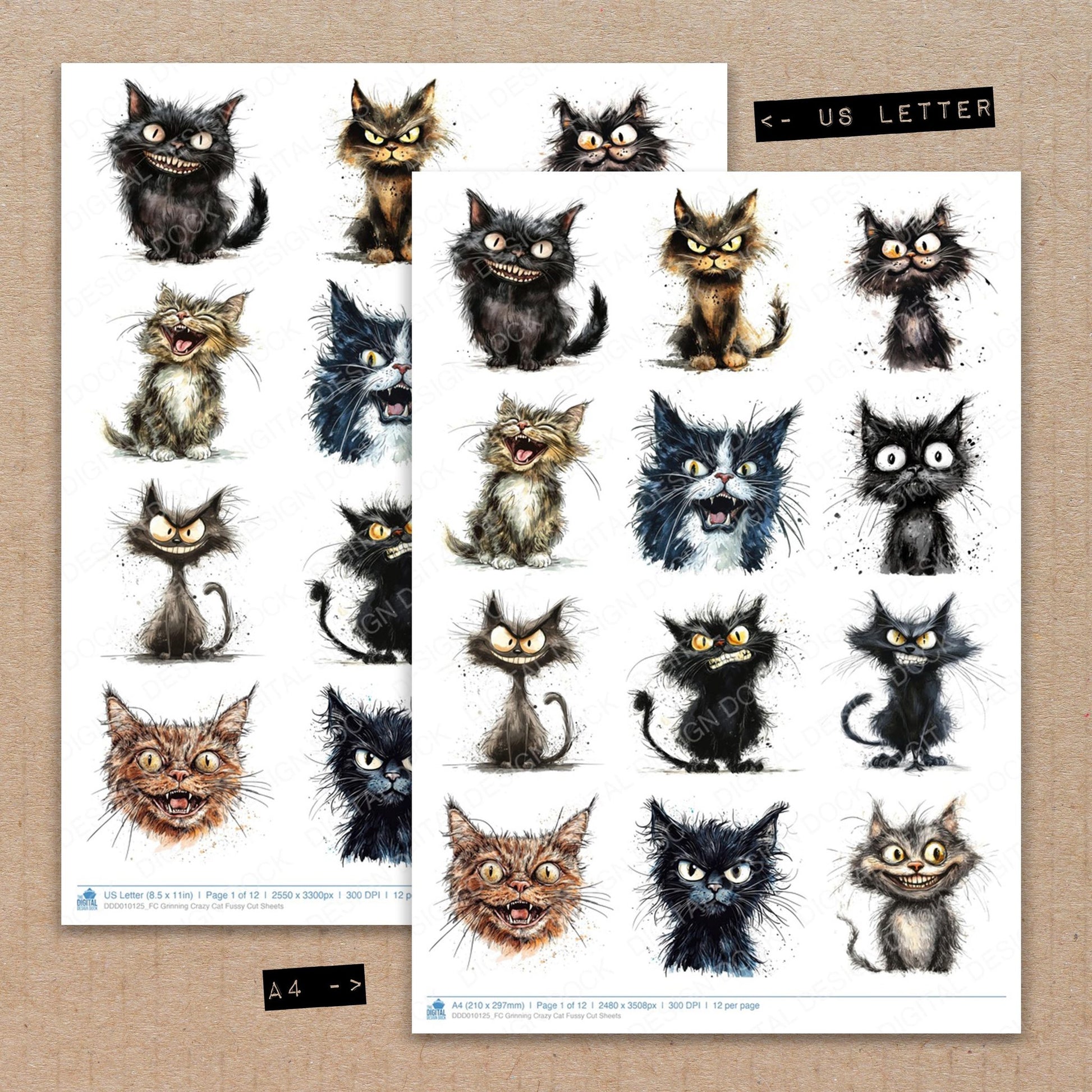 A4 and US Letter format comparison showing Grinning Crazy Cat fussy cut pages for print and cut crafting