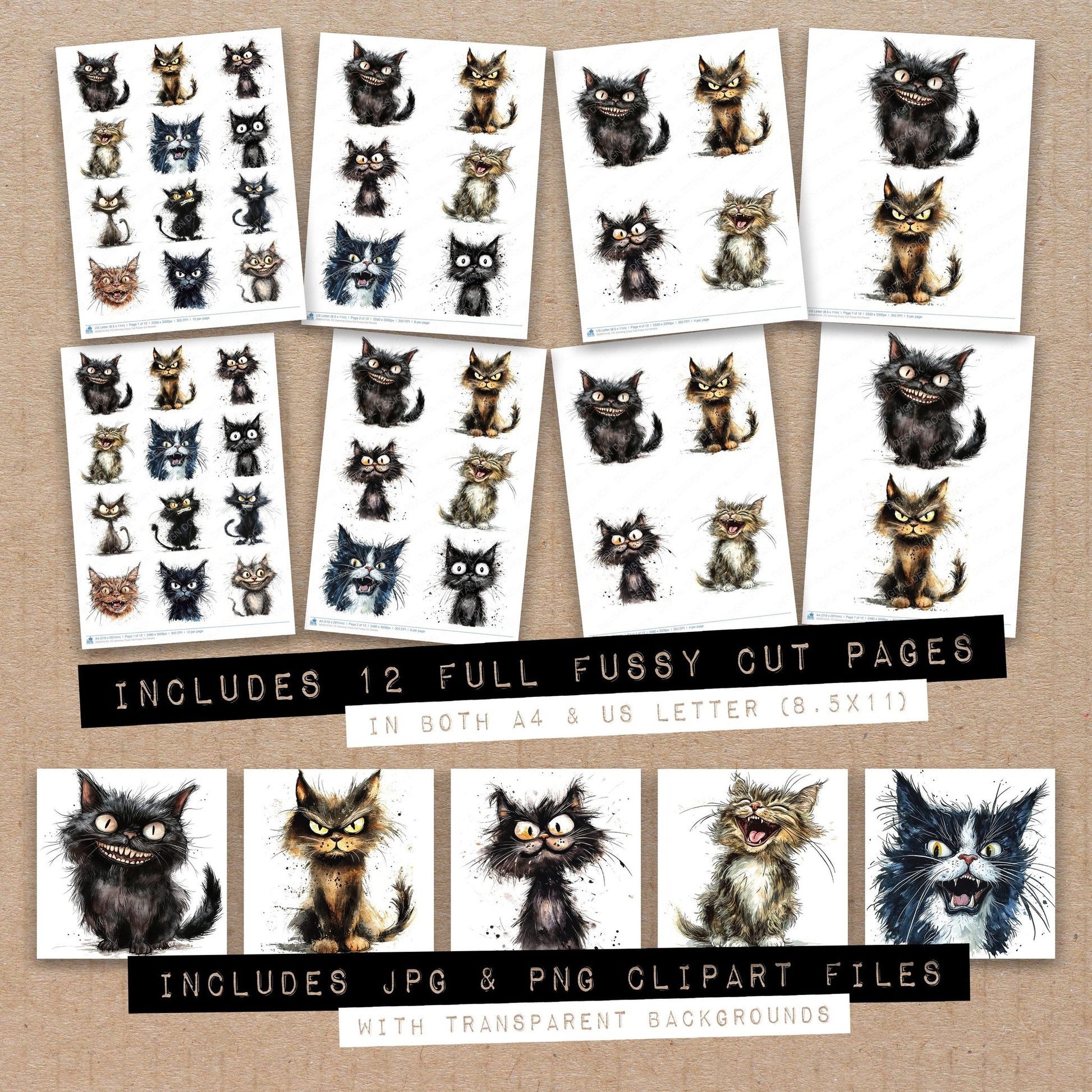 Full collection view of Grinning Crazy Cat fussy cut sheets with bonus clipart JPG and PNG files