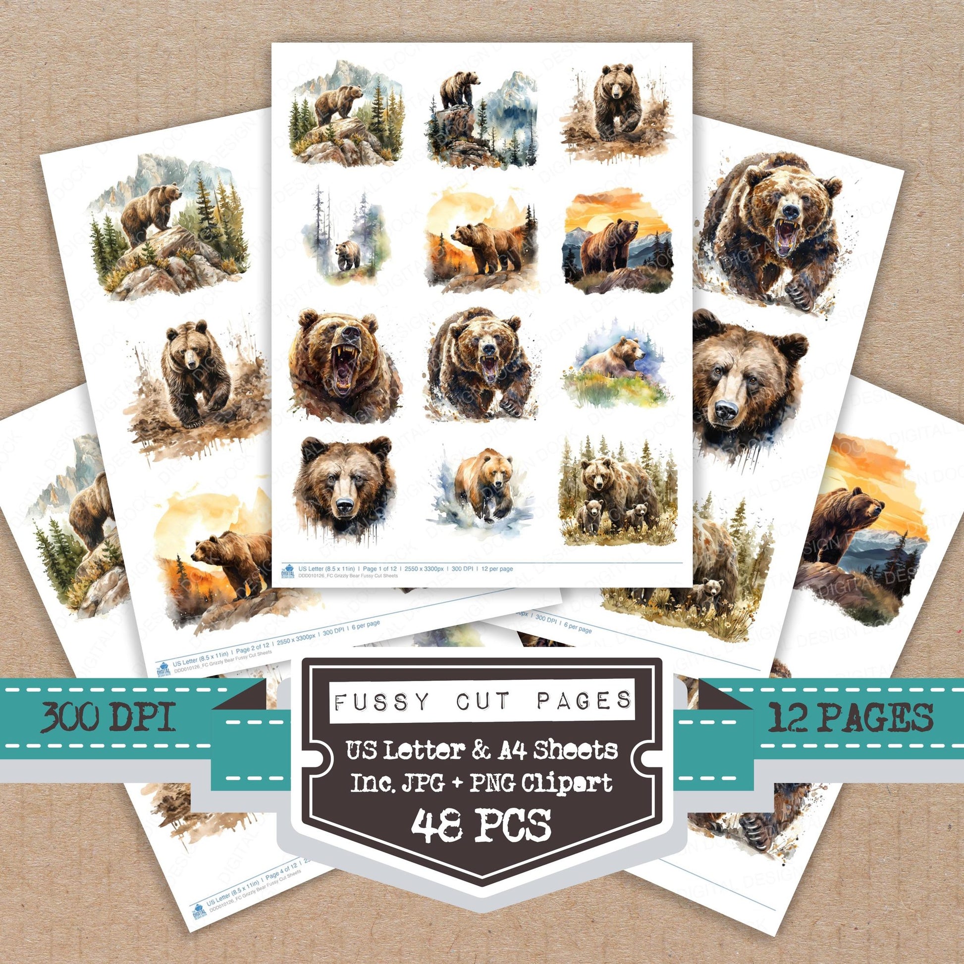 Grizzly Bear fussy cut printable sheets for junk journaling, scrapbooking, and paper craft projects