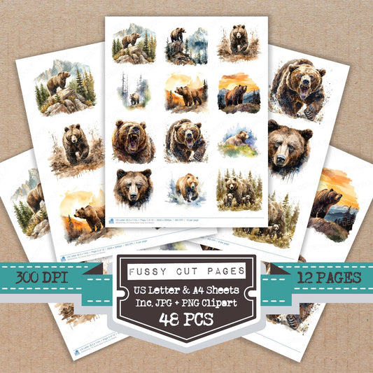 Grizzly Bear fussy cut printable sheets for junk journaling, scrapbooking, and paper craft projects