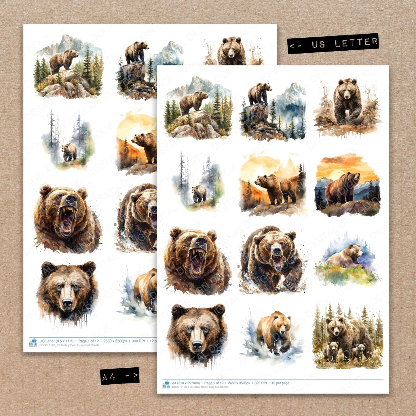 A4 and US Letter format comparison showing Grizzly Bear fussy cut pages for print and cut crafting