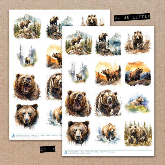 A4 and US Letter format comparison showing Grizzly Bear fussy cut pages for print and cut crafting