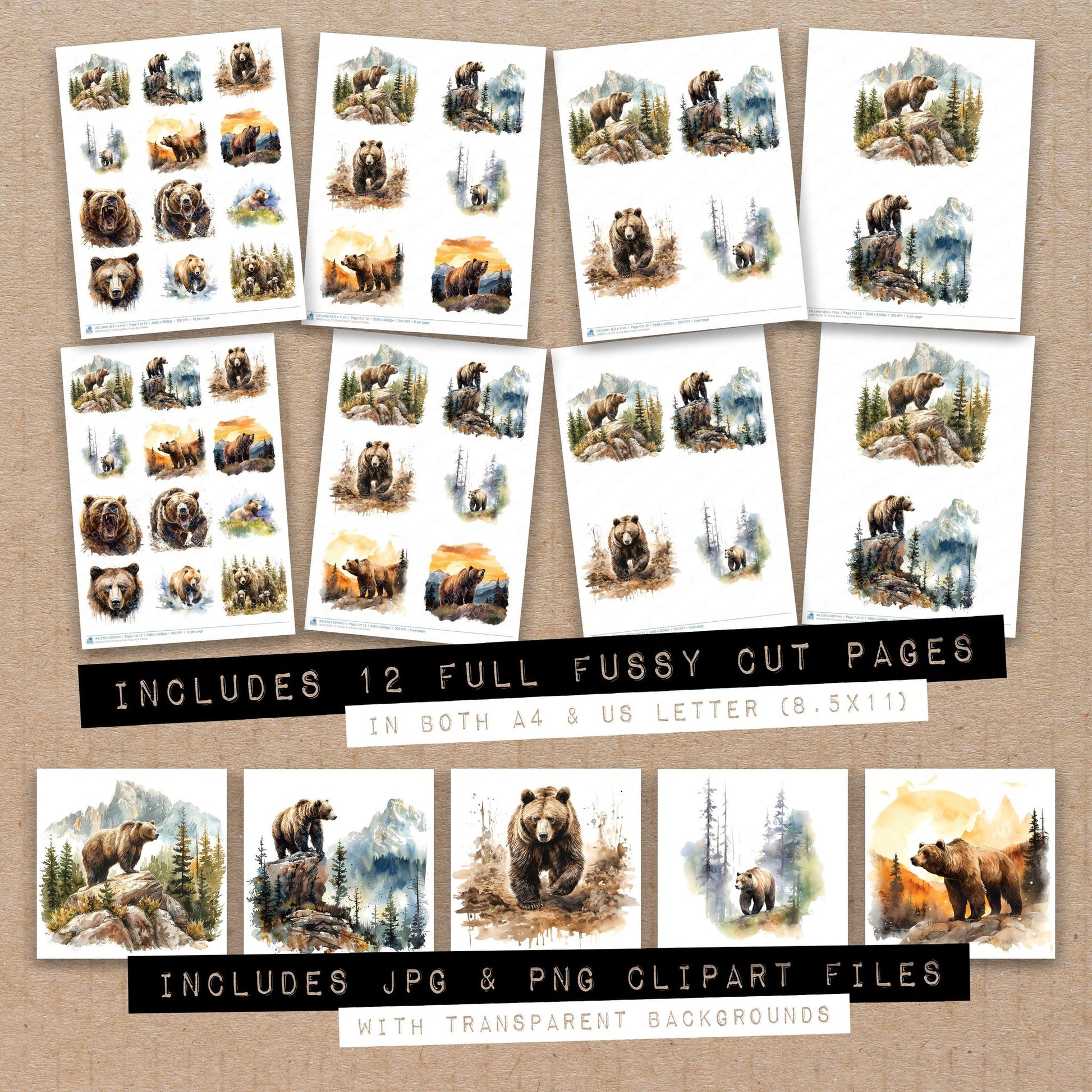 Full collection view of Grizzly Bear fussy cut sheets with bonus clipart JPG and PNG files