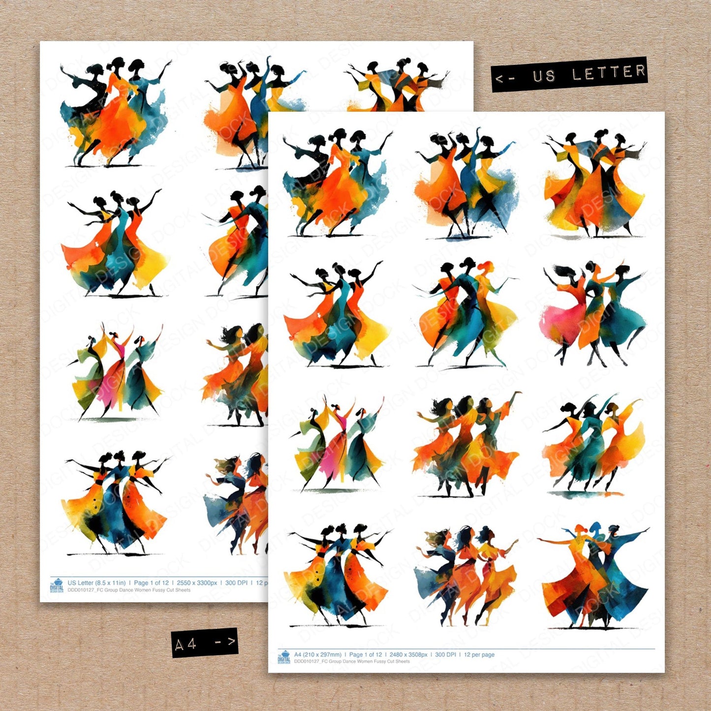 A4 and US Letter format comparison showing Group Dance Women fussy cut pages for print and cut crafting