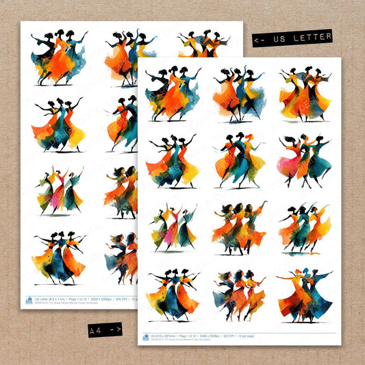 A4 and US Letter format comparison showing Group Dance Women fussy cut pages for print and cut crafting