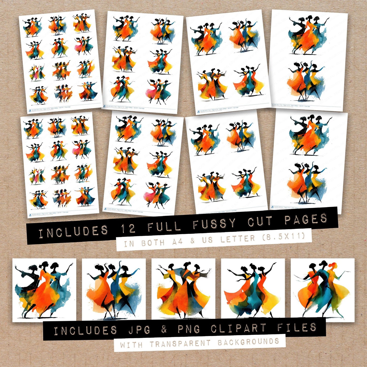 Full collection view of Group Dance Women fussy cut sheets with bonus clipart JPG and PNG files