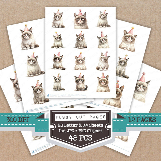 Grumpy Cat in Party Hat fussy cut printable sheets for junk journaling, scrapbooking, and paper craft projects