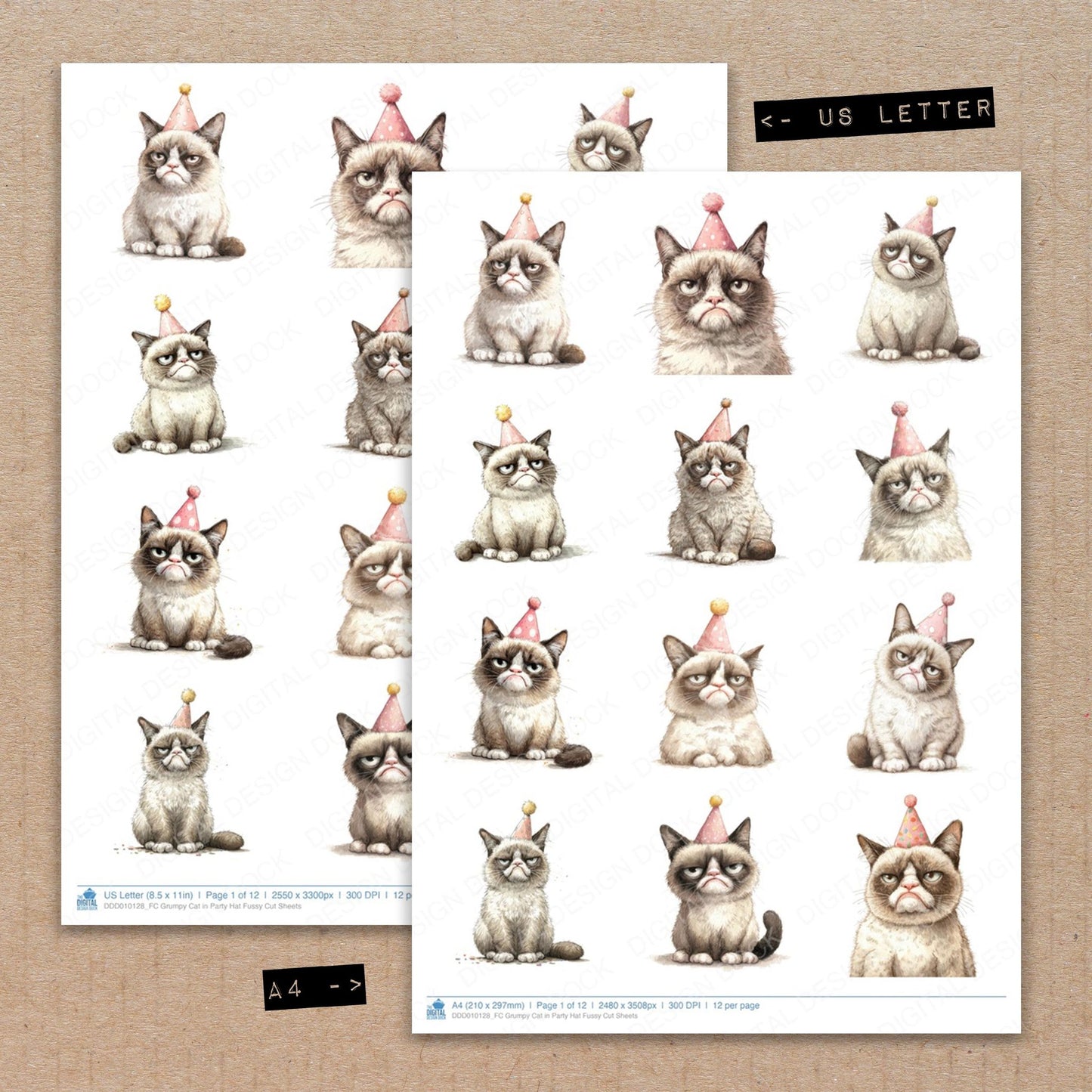 A4 and US Letter format comparison showing Grumpy Cat in Party Hat fussy cut pages for print and cut crafting