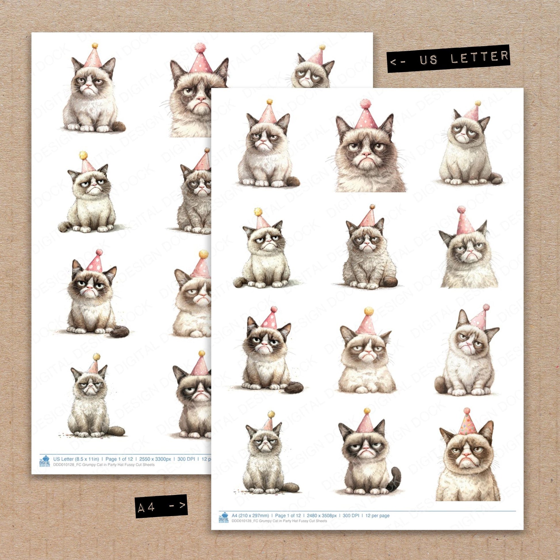 A4 and US Letter format comparison showing Grumpy Cat in Party Hat fussy cut pages for print and cut crafting