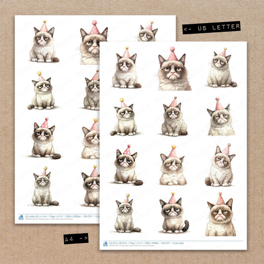 A4 and US Letter format comparison showing Grumpy Cat in Party Hat fussy cut pages for print and cut crafting