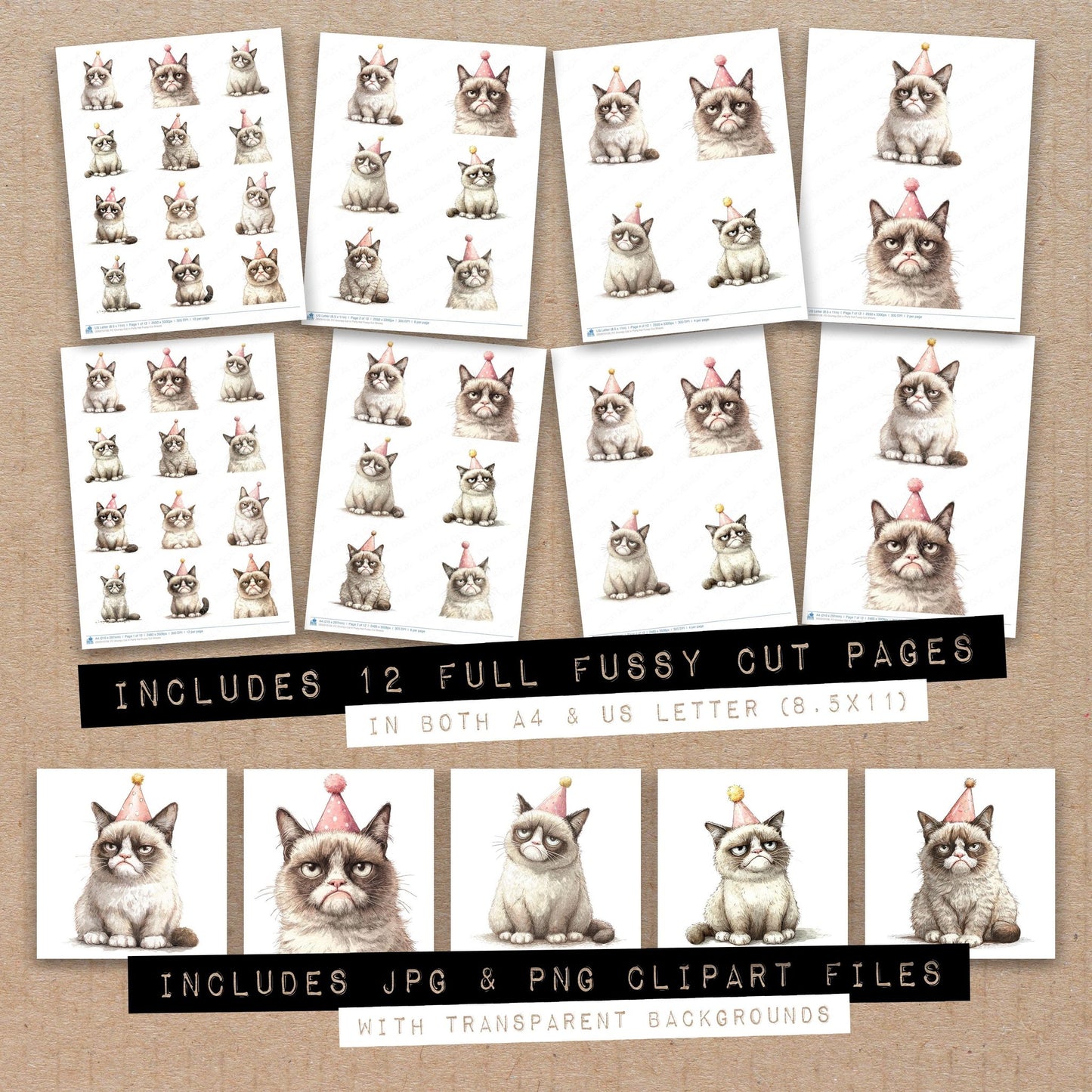 Full collection view of Grumpy Cat in Party Hat fussy cut sheets with bonus clipart JPG and PNG files