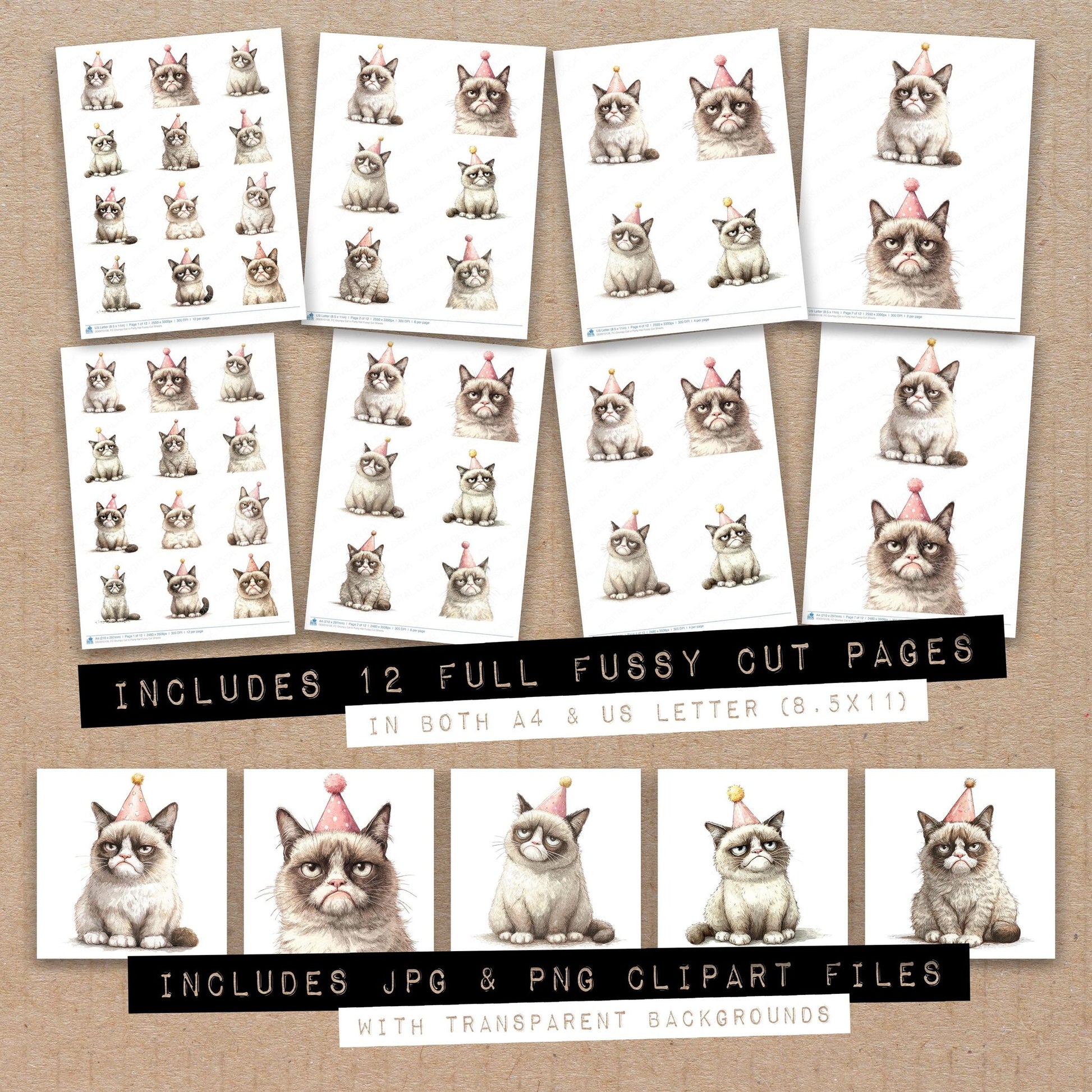 Full collection view of Grumpy Cat in Party Hat fussy cut sheets with bonus clipart JPG and PNG files