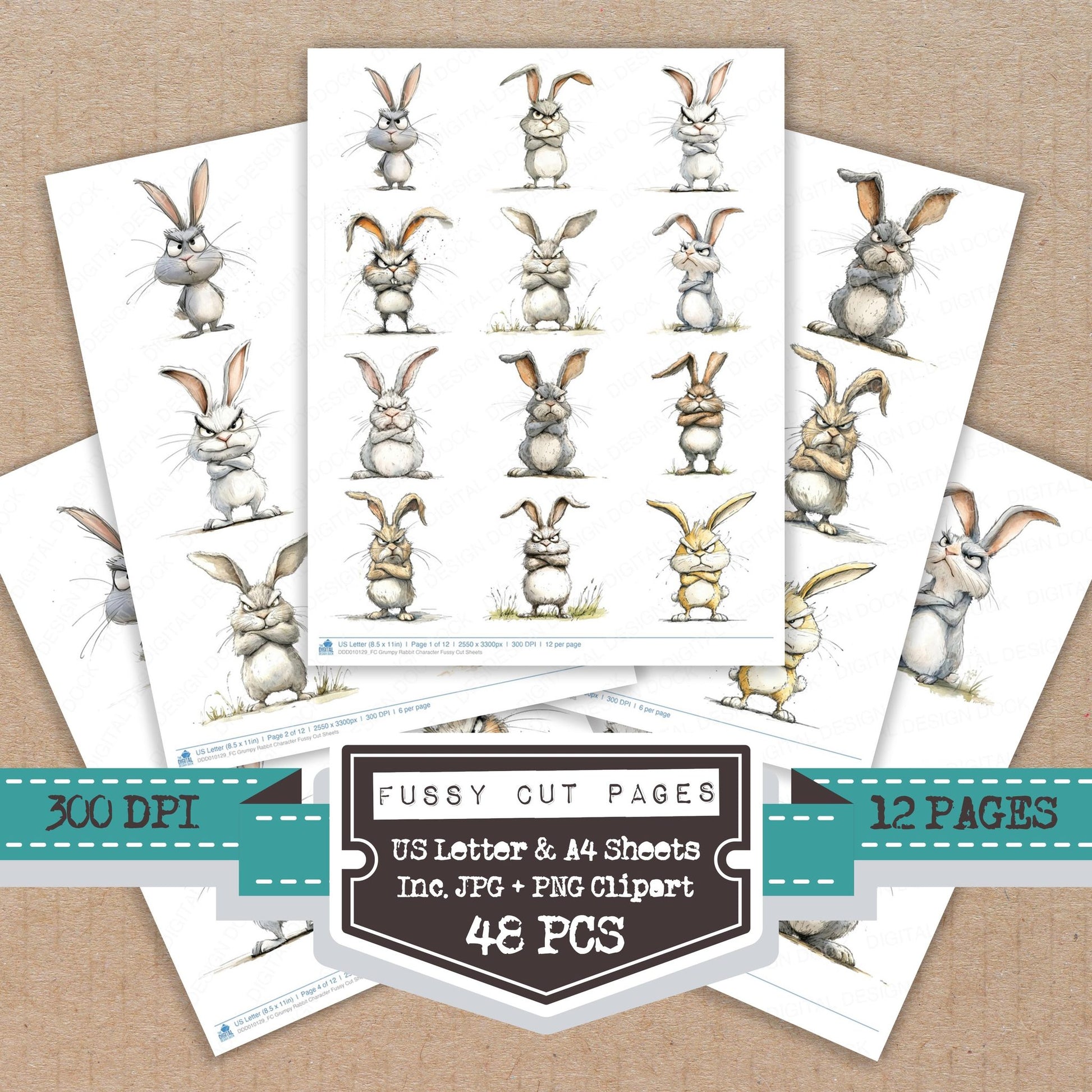 Grumpy Rabbit Character fussy cut printable sheets for junk journaling, scrapbooking, and paper craft projects