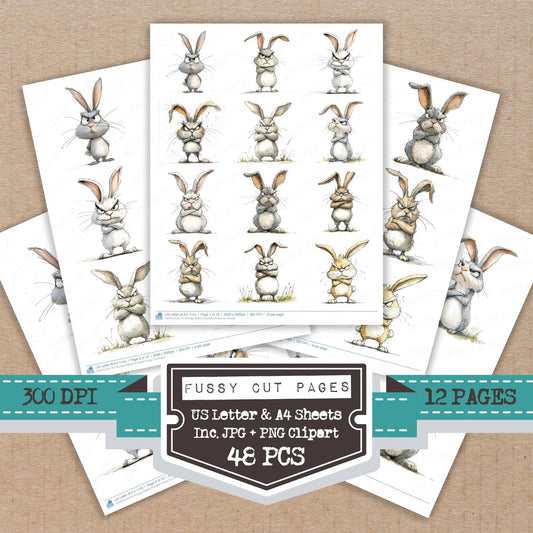 Grumpy Rabbit Character fussy cut printable sheets for junk journaling, scrapbooking, and paper craft projects