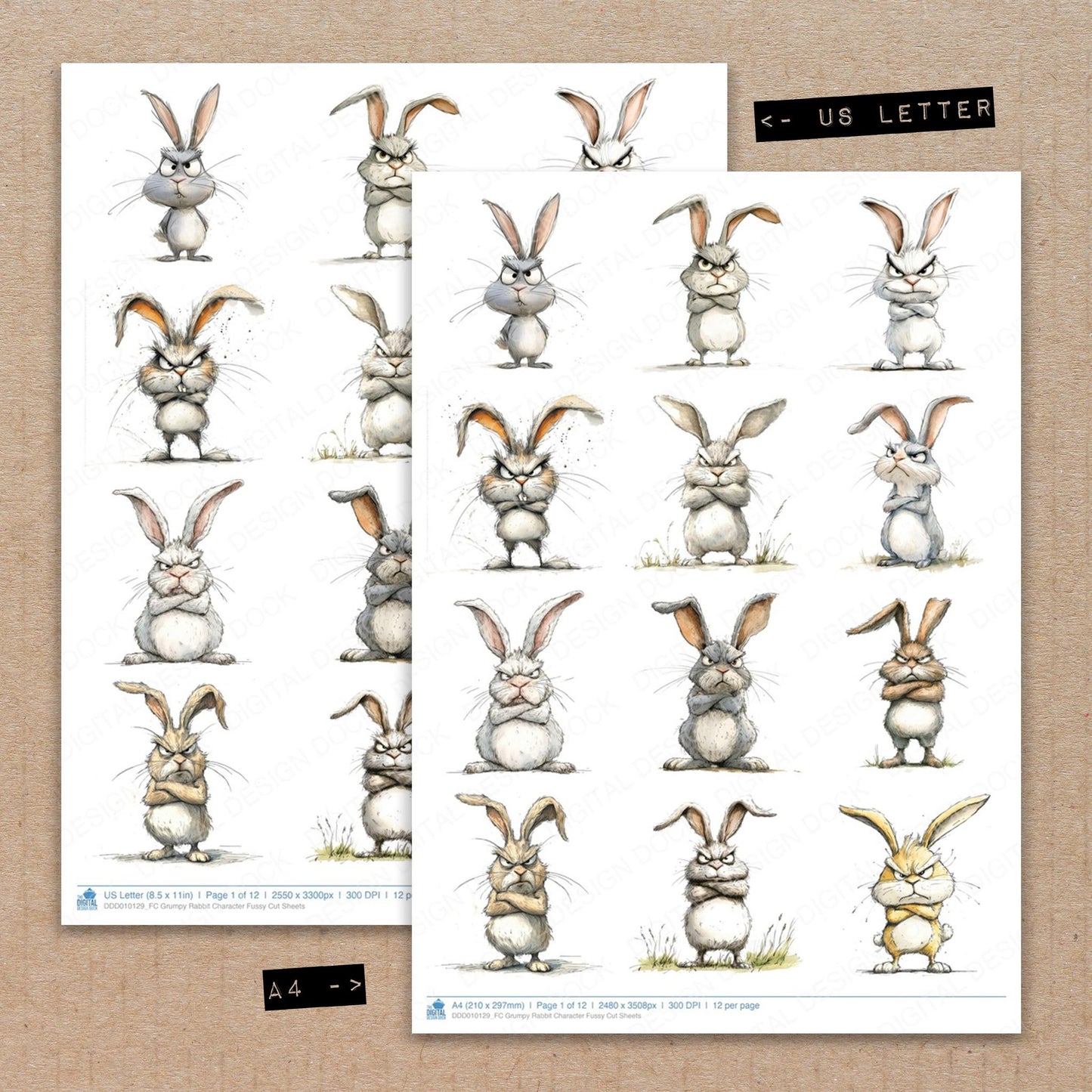 A4 and US Letter format comparison showing Grumpy Rabbit Character fussy cut pages for print and cut crafting