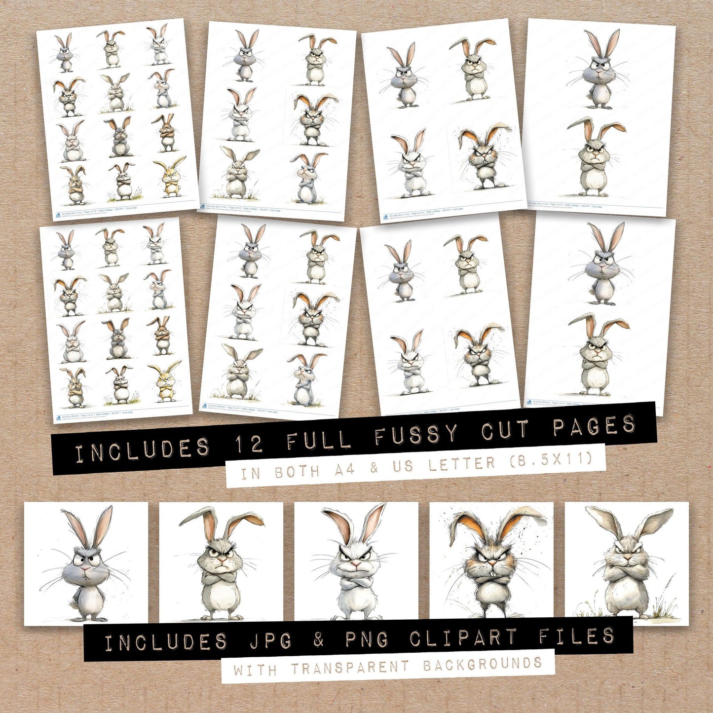Full collection view of Grumpy Rabbit Character fussy cut sheets with bonus clipart JPG and PNG files