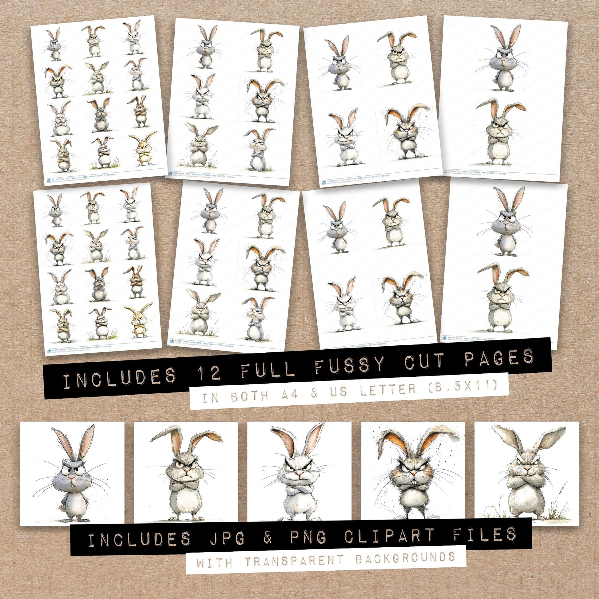 Full collection view of Grumpy Rabbit Character fussy cut sheets with bonus clipart JPG and PNG files