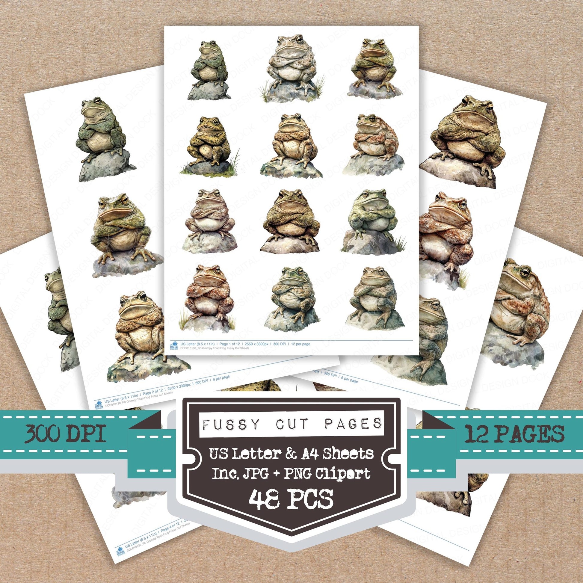 Grumpy Toad Frog fussy cut printable sheets for junk journaling, scrapbooking, and paper craft projects