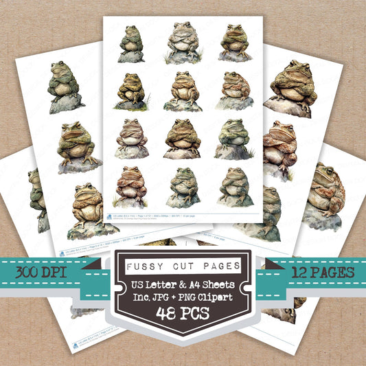 Grumpy Toad Frog fussy cut printable sheets for junk journaling, scrapbooking, and paper craft projects