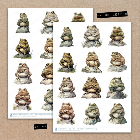 A4 and US Letter format comparison showing Grumpy Toad Frog fussy cut pages for print and cut crafting