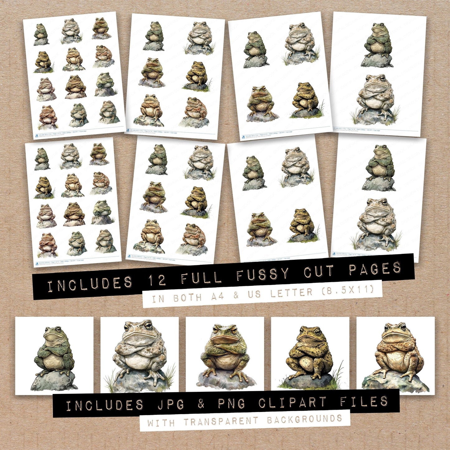 Full collection view of Grumpy Toad Frog fussy cut sheets with bonus clipart JPG and PNG files