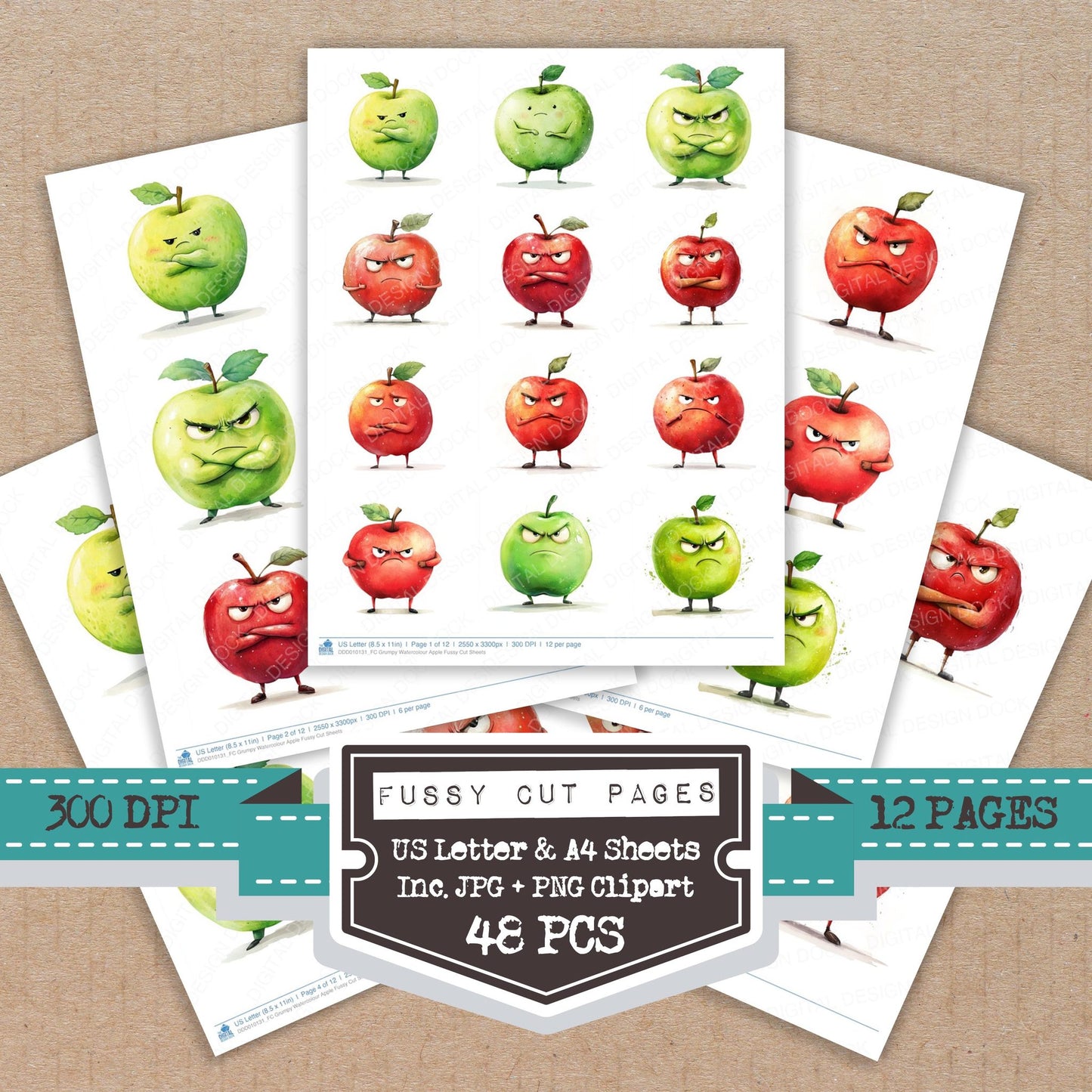 Grumpy Watercolour Apple fussy cut printable sheets for junk journaling, scrapbooking, and paper craft projects