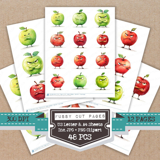 Grumpy Watercolour Apple fussy cut printable sheets for junk journaling, scrapbooking, and paper craft projects
